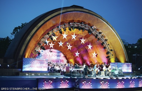 Dusk falls over the Boston Pops during their annual Fourth of July concert. The Pops perform annually at the Hatch Shell on the Esplanade, playing music ranging from Tchaikovsky’s 1812 Overture to a Boston-themed version of “Take Me Out to the Ball Game.”