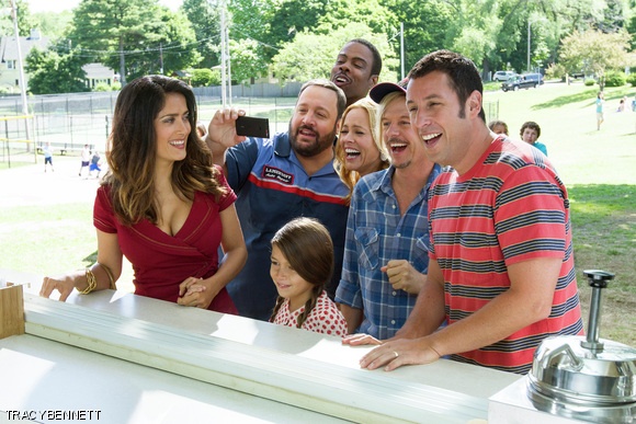 Roxanne Feder (Salma Hayek), Eric Lamonsoff (Kevin James), Becky Feder (Alexys Nicole Sanchez), Kurt McKenzie (Chris Rock), Sally Lamonsoff (Maria Bello), Lenny Feder (Adam Sandler) and Marcus Higgins (David Spade) at The Ice Cream House in Grown Ups 2.