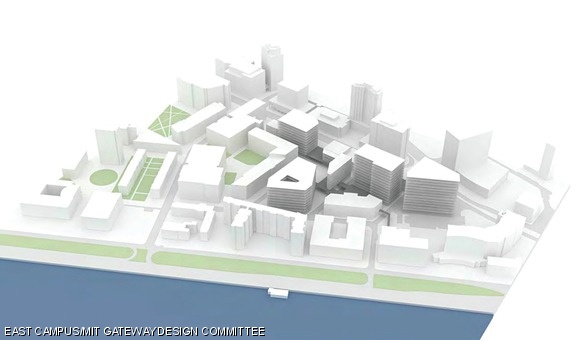 One of the visions for the future of east campus. In this design, buildings appear to be connected by ground-level roofed walkways, a conceptual extension of the Infinite Corridor.