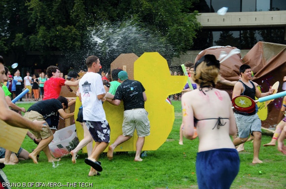 West Campus forces rally behind their wooden duck as they rush the forces from the East.