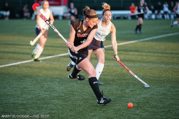 Elizabeth A. Dethy ’15 shoots during MIT’s field hockey game against Lasell College this Tuesday. MIT won 9-0 and will be playing its first conference game this Saturday at Springfield College.