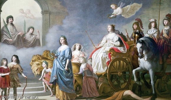 Gerrit van Honthorst’s oil on canvas Triumph of the Winter Queen: Allegory of the Just (1636) was unveiled this Valentine’s Day for the 400th wedding anniversary of Elizabeth Stuart and Frederick V, known as the “Winter King and Queen” due to their short reigns as monarchs of Bohemia. The “Winter Queen” rides a chariot drawn by three lions, surrounded by her husband and thirteen children. Recently restored, the colossal 10-inch by 15-inch masterpiece is accompanied by a media presentation exploring the symbolic elements of the painting and the histories of the people it portrays. On display at the Museum of Fine Arts, Loring Gallery, Feb. 14, 2013 – Jul. 21, 2013. — Angelique Nehmzow