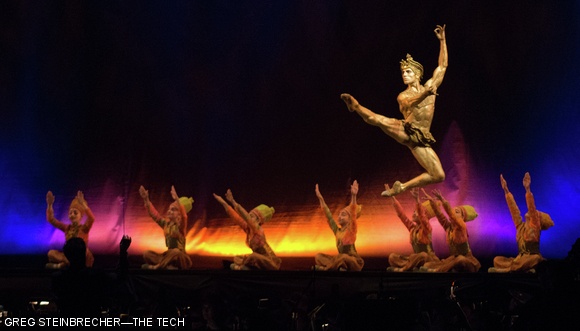 Painted entirely gold for his performance, Avetik Karapetyan performs Florence Clerc’s Golden Idol variation of Marius Pepita’s La Bayadère. Boston Ballet school students filled the supporting roles.