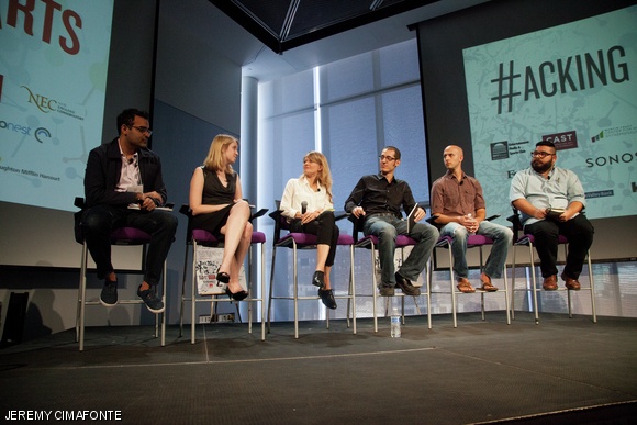 “The Digital Canvas: Art Beyond Gallery Walls” Panelists discussed the future of art and technology, from inspiration to creation to sale. From right: Aditya Julka, co-founder of Paddle 8 (an online art auction house); Lindsay Moroney, VP of operations at ArtNet; Kelly Sherman, Artist; Sam Aquillano, co-founder and executive direct of Design Museum Boston; Jeff Lieberman, kinetic sculpture artist and host of Time Warp, Discovery Channel; and Evan Garza, co-founder of Fire Island Artist Residency and SMFA.