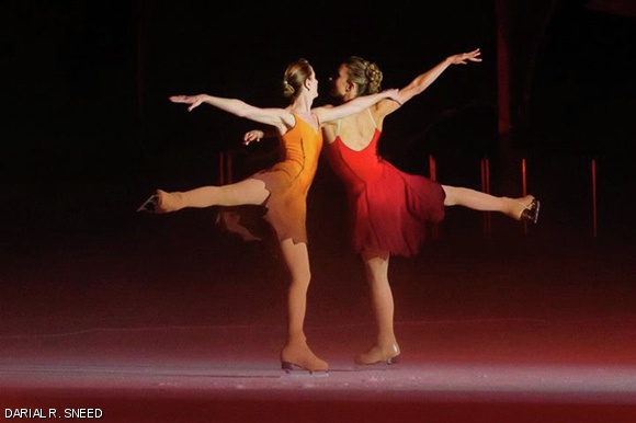 Jessica Huot ’06 (left) and Elisa Angeli (right) perform in Falling Leaves, choreographed by Douglas Webster, for Ice Theatre of New York.