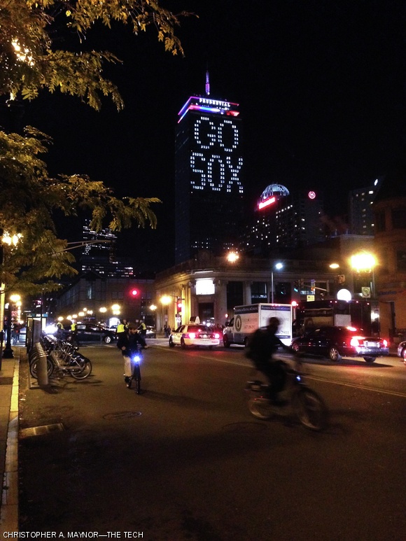 The Prudential Center was lit up during Game 6 of the World Series this Wednesday night. The Red Sox ended up clinching the World Series at home that night, their first time since 1918.