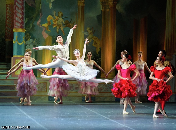 Misa Kuranaga and Jeffrey Cirio leap simultaneously in Boston Ballet’s performance of The Nutcracker.