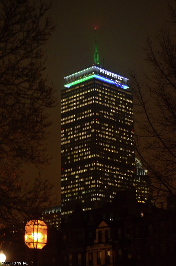 Camp Kesem colors of blue and green illuminated the top of the Prudential Tower last Monday night through 31 Nights of Light, a program created to help community organizations gain visibility during the holiday season. Camp Kesem is a student group that organizes a free summer camp for children of cancer patients.