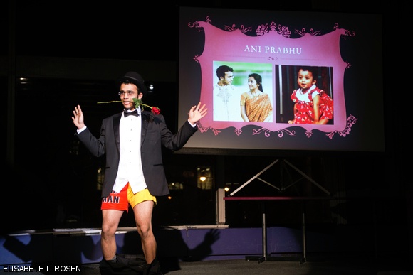 Anirudh Prabhu ’15 makes an entrance, pants down and a rose in his teeth, at the Camp Kesem Date Auction last Friday evening. Men and women of the MIT community are auctioned off to buyers in the audience in the event which is organized by Sigma Alpha Epsilon, and the proceeds go to Camp Kesem, a camp for children whose parents have or have had cancer. This year, the event raised over $7,600, over $1,000 more than the amount that last year’s auction raised.