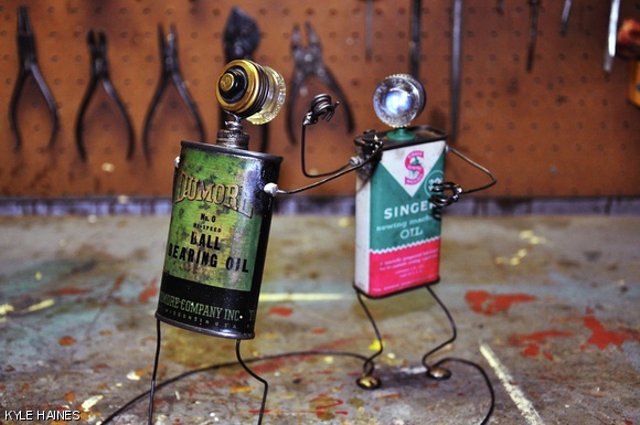 “Mommy’s Little Soldier,” a sculpture artist Kyle Haines created in 2011 from projector parts, fan parts, saucepan, butter knife, steel wire, and forks. Haines will create a series of MIT-themed sculptures composed from items collected from the Choose-to-Reuse event this Friday.