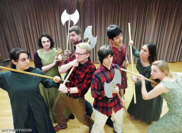 Dryads Rebecca Graber, Molly Langston, Kelsey Peterson, and Bobbie Hill Meyers protect their homeland from lumberjacks Joe Blair, Aaron Hammond ’17, Christine Chilingerian, and Tomohiro Soejima ’17 during rehearsals for The Forest of Eoren, a production by the MIT Gilbert &amp; Sullivan Players.