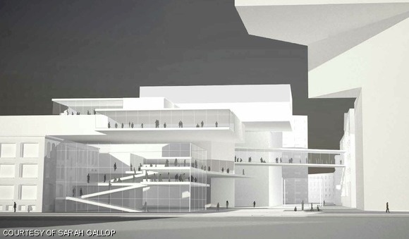 A rendering of a possible design for MIT’s new eastern “gateway” at the Kendall T stop. The gateway is intended to mirror the grandeur of 77 Mass. Ave. The larger building in the right foreground will likely be a commercial office or lab building.