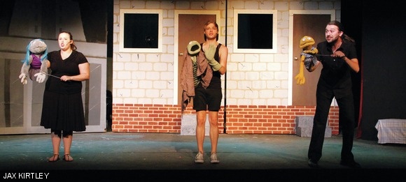 From left: Kate Monster (Caroline B. Aronoff ’15), Nicky (David Wright), and Princeton (Matthew S. Peairs G) in the MIT Musical Theater Guild’s production of Avenue Q.