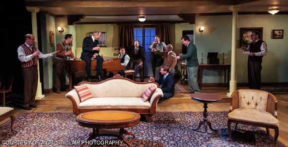 Left to right: Kurt Diebner, Carl-Friederich von Weizsäcker, Otto Hahn, Werner Heisenberg, Paul Harteck, Walther Gerlach, Max von Laue, Horst Korsching (seated on floor), Karl Wirtz, and Erich Bagge in Operation Epsilon.