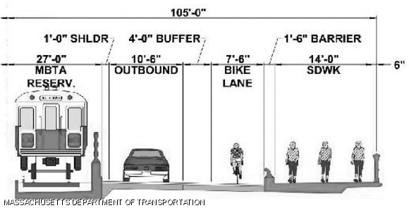 This graphic was presented last March, as part of a contract update, showing one of the proposed layouts of the outbound side of Longfellow Bridge. During construction, half of the bridge will be closed at a time, and there will be only one lane of outbound traffic in addition to the sidewalk, bike lane, and temporary T tracks.