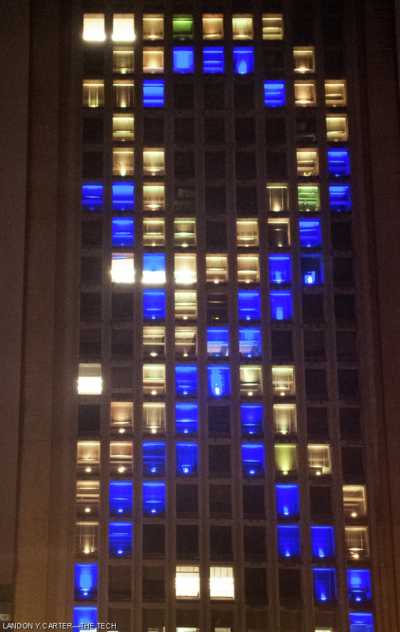 Hackers lit up the Green Building with a ribbon on Tuesday night, in honor of the 1-year anniversary of the Boston Marathon bombings and the death of MIT Officer Sean Collier.