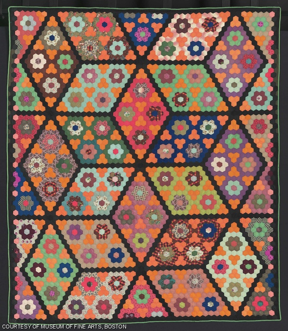 Field of Diamonds Quilt; American (about 1860); pieced wool plain weave and twill (some printed); glazed cotton plain weave back, wool plain weave binding; quilted. Height x width: 226.1 x 194.9 cm (89 x 76 3/4 in.); Pilgrim/Roy Collection.