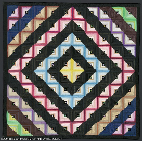 Log Cabin, Barn Raising Variation Quilt, attributed to Mrs. Herrick (American); American, Massachusetts, 1879; foundation pieced top of cotton and silk in variety of structures including silk velvet with silk embroidery, silk plain weave; backing quilted to unknown material; height x width: 191.8 x 190.5 cm (75 1/2 x 75 in.); Pilgrim/Roy Collection.