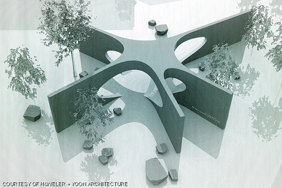 A rendering of the planned memorial to the late MIT Police Officer Sean Collier. The memorial will stand between the Stata Center (Building 32) and the Koch Institute for Integrative Cancer Research (Building 76), near where Collier was shot.