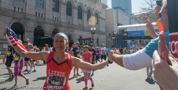 Emotions were high at the finish line of the 118th running of the Boston Marathon on Monday.