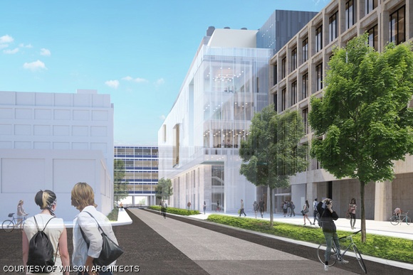 MIT.nano from in front of Building 13, looking east toward Building 26.