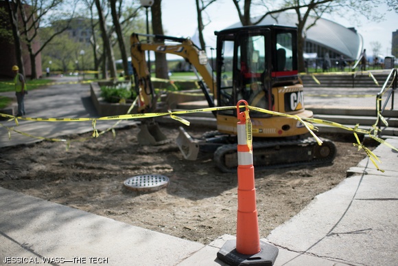 A large portion of the sidewalk in front of the Student Center was blocked off on Monday as a construction crew began renovations to the area.
