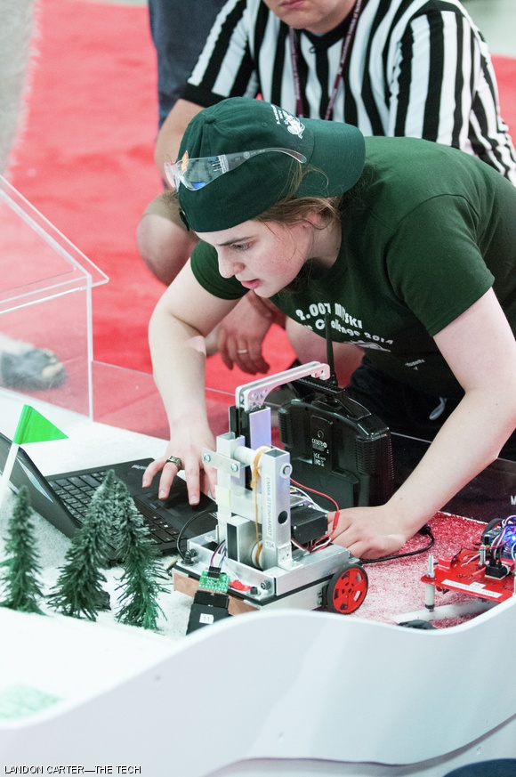 Emma M. Steinhardt ‘16 troubleshoots a connectivity issue with her robot prior to a match in the 2.007 robotics competition last Thursday in the Johnson Ice Rink.