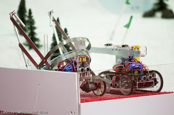 Joshua C. Born’s ‘16 robot duo sits in the starting block in the first match of the 2.007 robotics competition, which took place last Thursday in the Johnson Ice Rink.