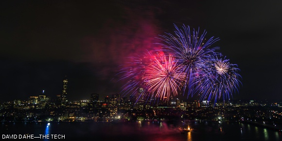 Boston’s Fourth of July fireworks as viewed from Cambridge. The show was rescheduled to July 3 due to weather conditions, and was immediately followed by a thunderstorm that sent spectators scurrying for shelter.