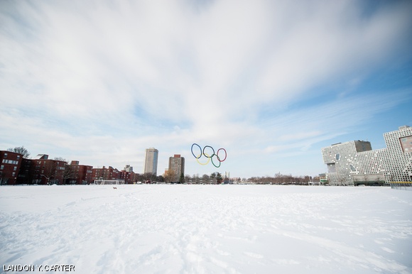 Hackers placed the Olympic rings above Briggs Field Saturday, the night after the opening ceremony of the Sochi 2014 Winter Olympics. The rings were strung on a wire running between Simmons and 
MacGregor, a distance of over 700 feet.