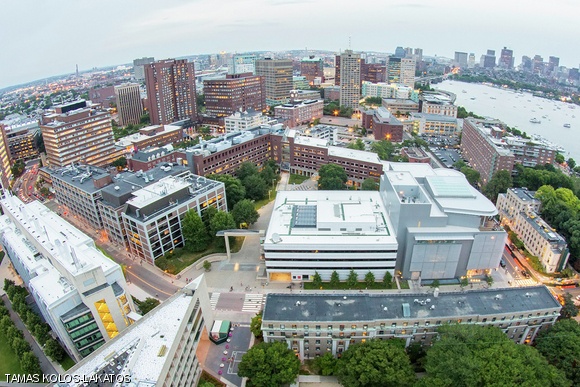 An aerial view of the East Campus/Kendall Square area that is the subject of the proposal Provost Martin Schmidt sent to the MIT community on July 14, 2014, which calls for new buildings for commercial, retail, and academic uses, as well as new graduate student housing.