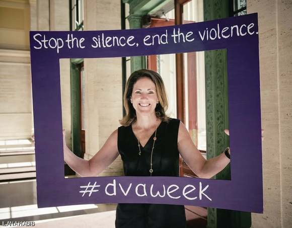 MIT Chancellor Cynthia Barnhart shows her support of AXO’s Domestic Violence Awareness Week.