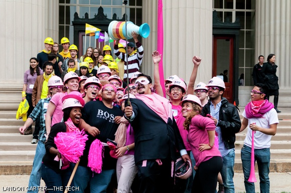 The 2.009 pink team takes a selfie at the end of one of the many challenges of the semester on October 3, racing vehicles of their own design to retrieve treasure from across the lava field of Killian Court. Though the pink team finished last, they won the team spirit award.