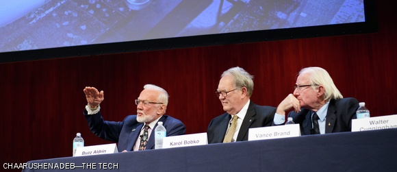 Buzz Aldrin responds to a question as a part of a panel of Apollo astronauts during the Department of Aeronautics and Astronautic’s Centennial Symposium. The panel was held at Kresge Auditorium on Oct. 22.
