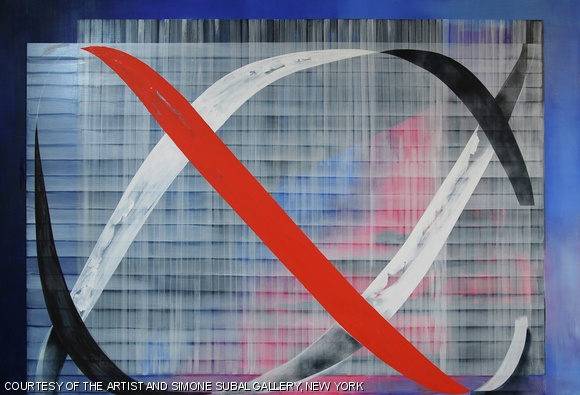 Sonia Almeida, Red Signal, 2013; Oil on marine plywood, red LEDS; 60 x 90 in.