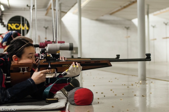 Abra H. Shen ‘16 readies her rifle in the second of three rounds against SUNY Maritime on Saturday, February 15. Out of her four teammates, she ranked second in that round with a score of 192/200. MIT won with a score of 2170-2061.