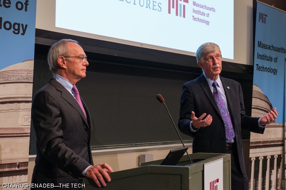 NIH Director Dr. Francis S. Collins, as a part of the Compton Lectures series, gave a talk entitled “Exceptional Opportunities in Biomedical Research” on Tuesday in 10-250. Dr. Collins (right), introduced by MIT president Rafael Reif, answered audience questions after his lecture.