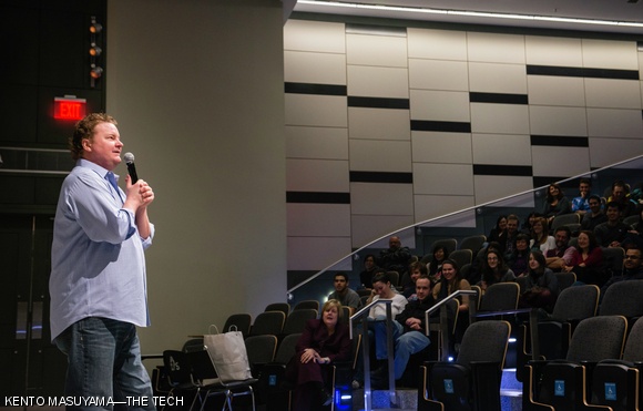 Comedian Michael Somerville performs in front of an audience at 10-250 on Saturday. The event, which featured teasing jabs at MIT as well as humorous remarks about his relationships with women, was hosted by the de Florez Fund for Humor and the Mechanical Engineering Naval Construction &amp; Engineering Program.