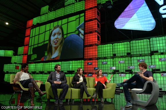Erica Danielle Swallow, an MBA candidate at the Sloan School of Management, speaks on a panel alongside fellow MBAs during the Web Summit in Dublin.