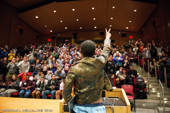 Lil B, the ‘Based God,’ embraces a warm welcome from a completely full lecture hall of MIT students last Friday in 32-123. Lil B, hosted by MIT’s Black Students’ Union, gave a lecture on Based Living.
