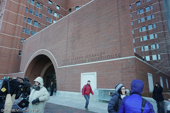 Media assembled outside the John J. Moakley United States Courthouse on Monday morning, the first day of jury selection for the United States v. Dzhokhar Tsarnaev trial.