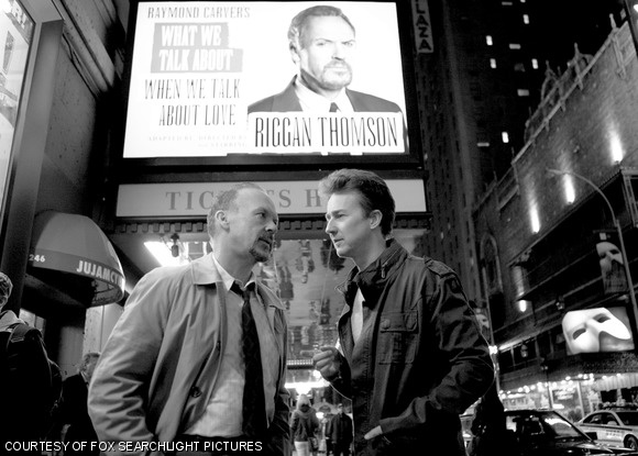 Michael Keaton as Riggan and Edward Norton as Mark in Birdman, one of the most critically acclaimed movies of the year.