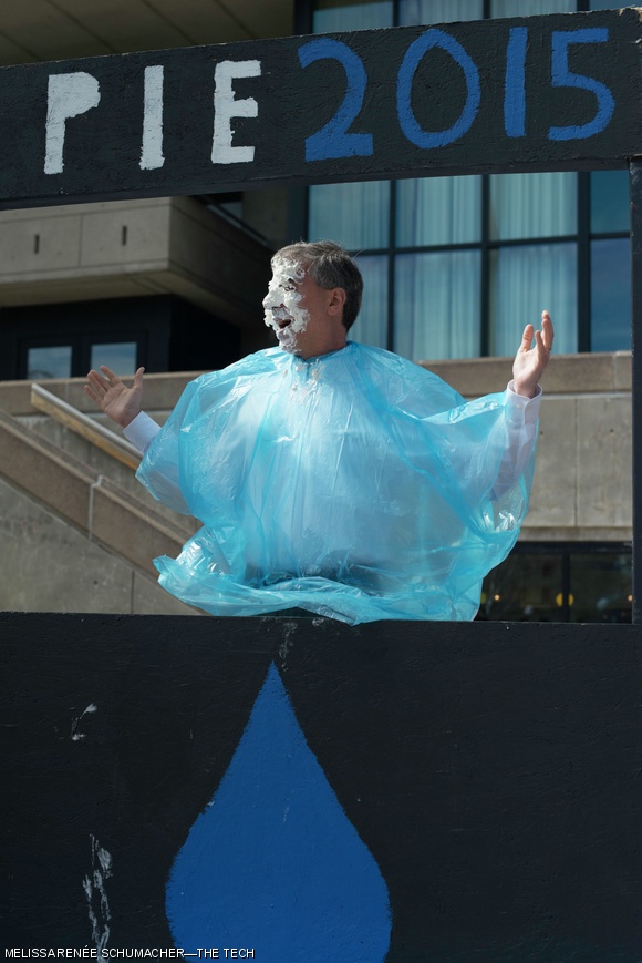Stuart Schmill, Dean of Admissions, takes a pie in the face for charity on Friday. Alpha Epsilon Pi organized the event to raise money for Innovation Africa. Over $100 was raised to pie Dean Schmill. Twenty-four people were pied during the hours-long event, which was held outside the Student Center.