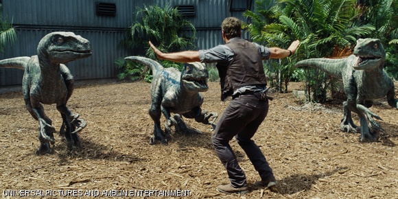 Owen (CHRIS PRATT) attempts to keep the raptors at bay in “Jurassic World”. Steven Spielberg returns to executive produce the long-awaited next installment of his groundbreaking “Jurassic Park” series. Colin Trevorrow directs the epic action-adventure, and Frank Marshall and Patrick Crowley join the team as producers.