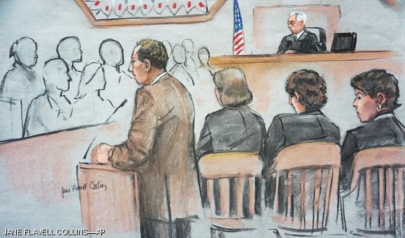 Lead prosecutor William Weinreb delivers opening statements Wednesday at the Moakley U.S. Courthouse while 21-year-old Dzhokhar Tsarnaev sits between his attorneys. Tsarnaev could be sentenced to death if convicted.