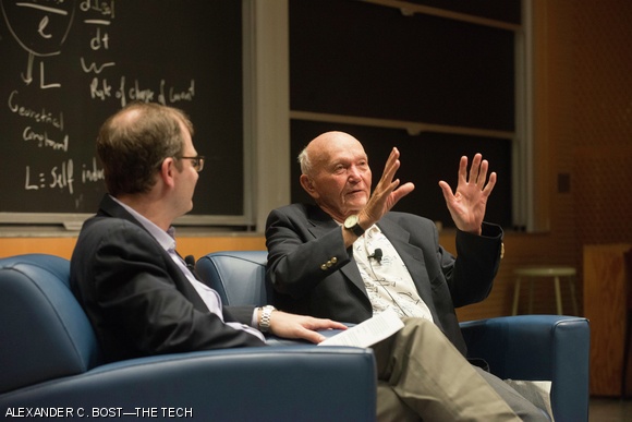 Apollo 11 astronaut Michael Collins answers an audience member’s question during a discussion about lessons learned from his career on Wednesday afternoon in 32-123. Collins, who piloted the command module during the first moon landing, drew frequent laughs as he shared his thoughts on a variety of topics during the two-hour event.