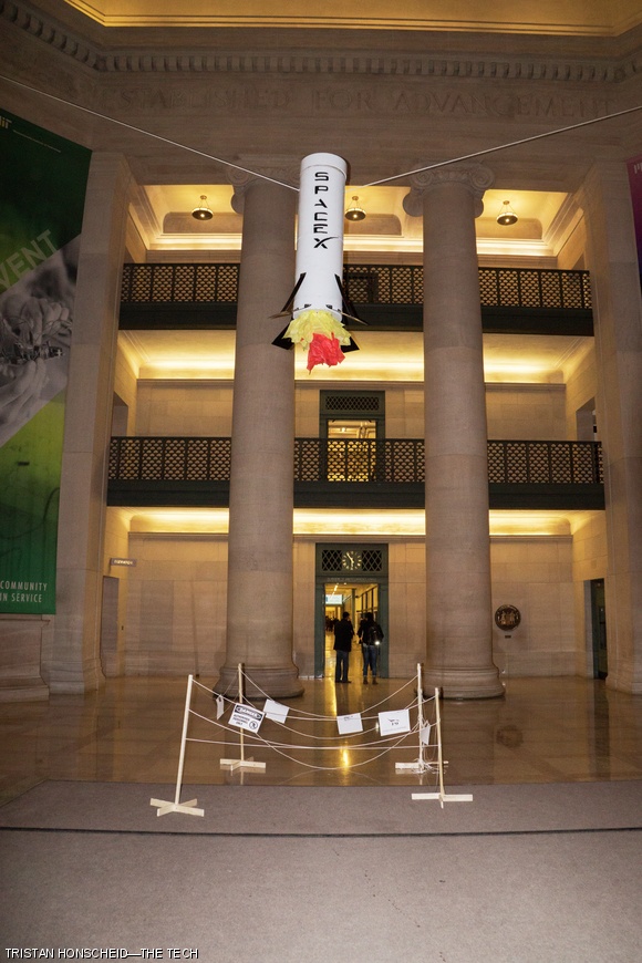 A SpaceX-themed hack appeared in Lobby 7 Sunday morning commemorating the spaceflight company’s recently completed JASON-3 mission.