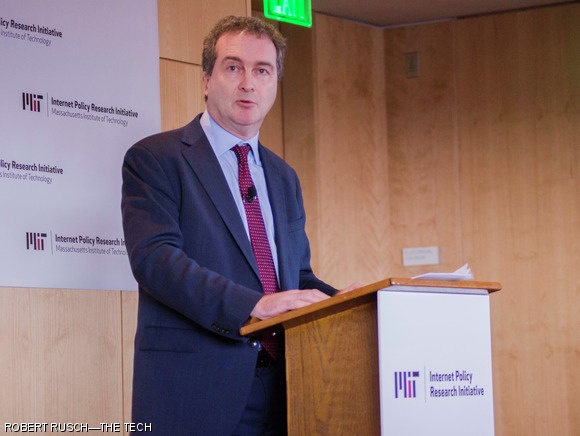 Robert Hannigan, director of UK’s Government Communications Headquarters, gives a talk on encryption at the Media Lab Monday.